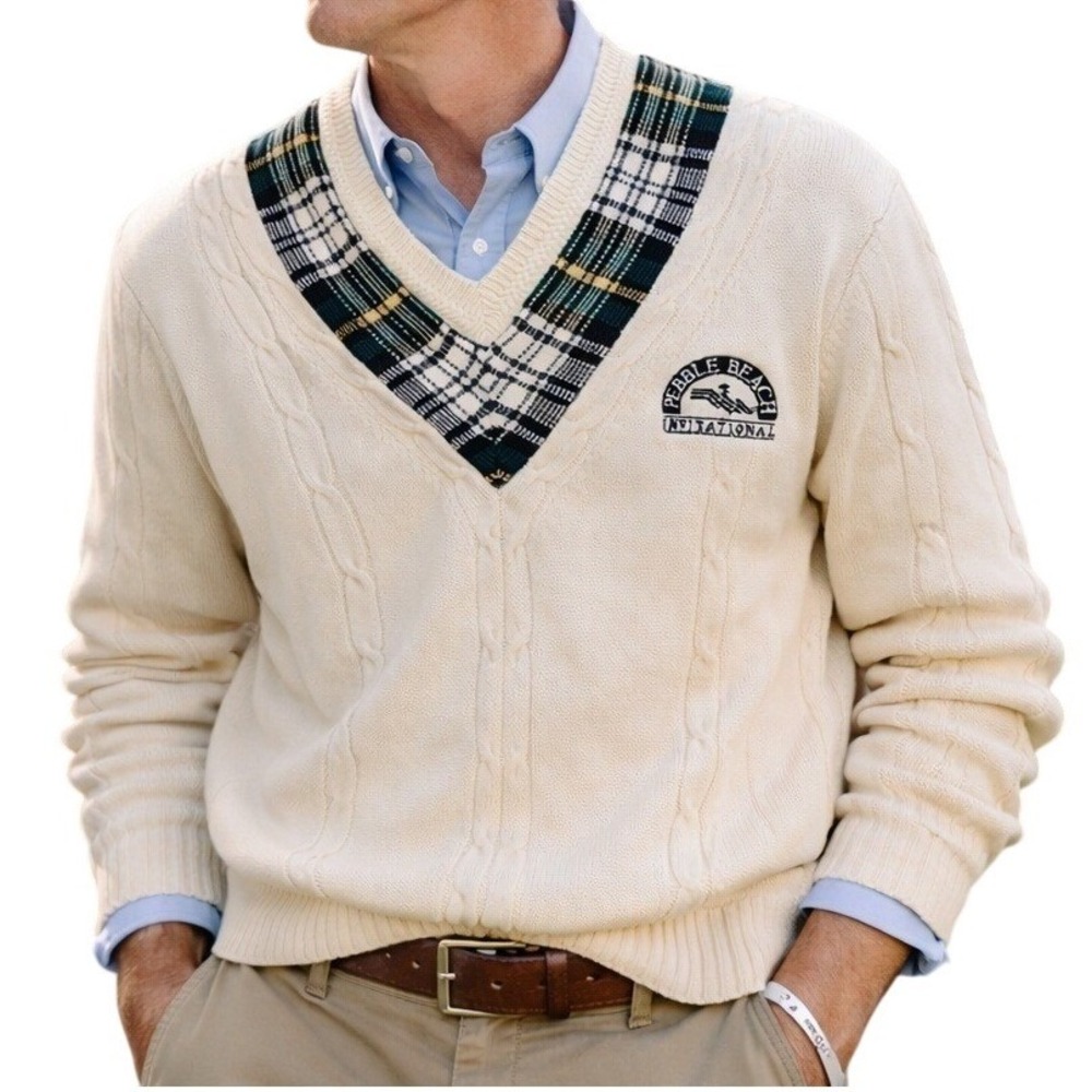 Mens Pebble Beach Invitational Golf Sweater XL Cream Cable Knit Intarsia Vintage